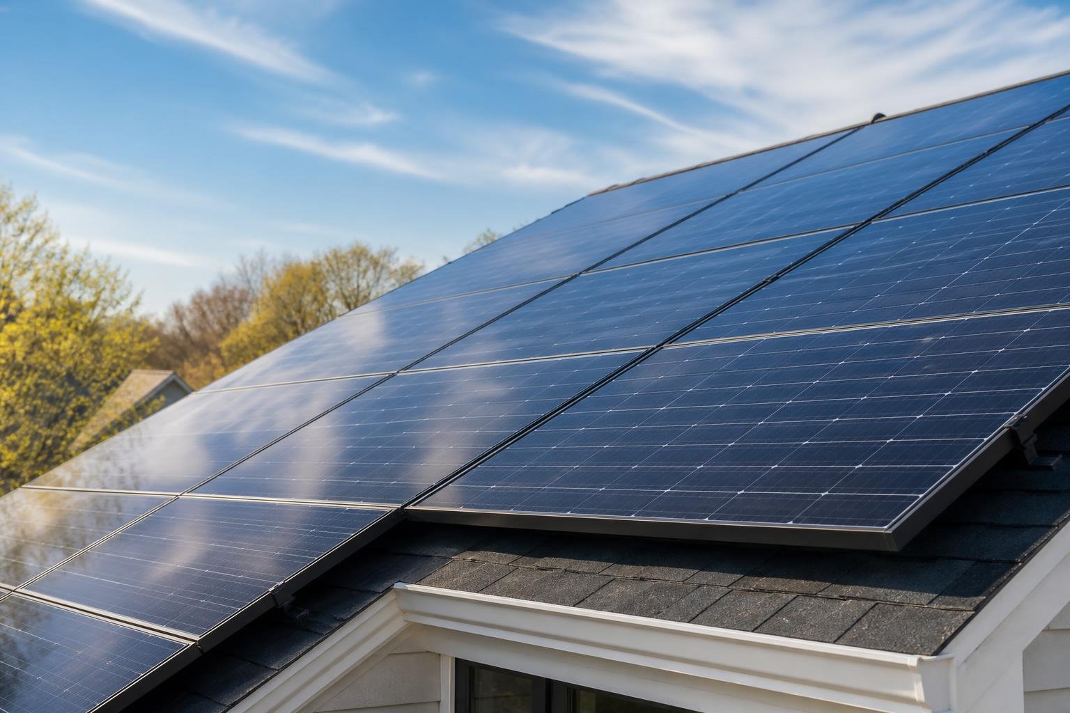 Close-up of rooftop solar panels on a residential home with warm daylight and clean sky reflections