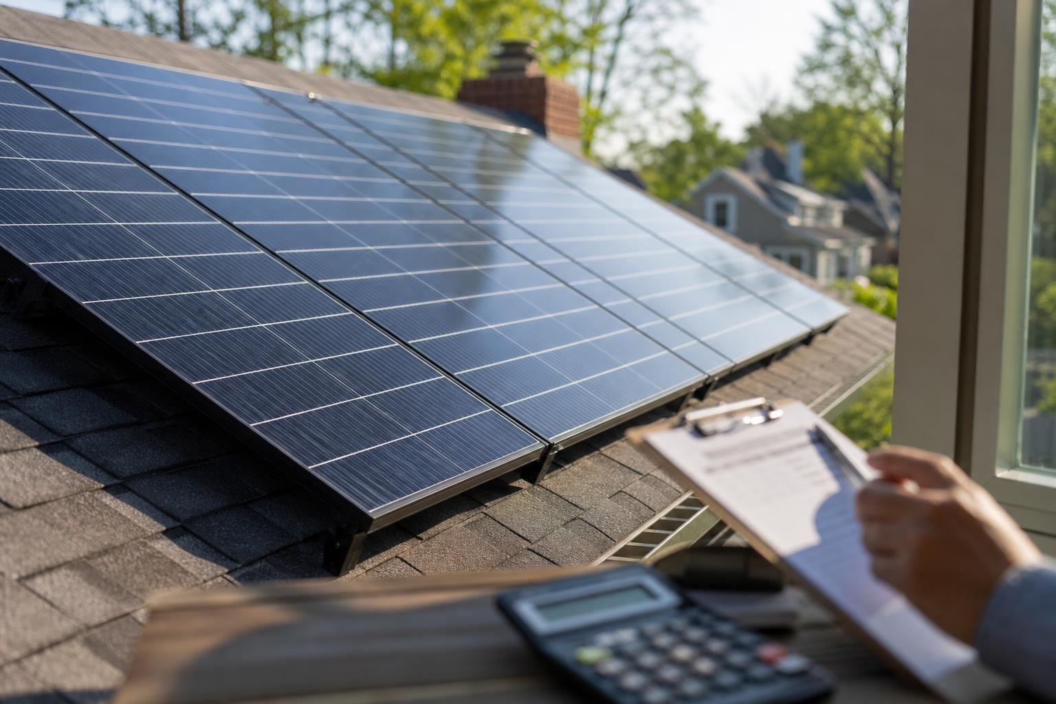 Residential solar panels in sharp focus with a homeowner reviewing paperwork in the softly blurred background